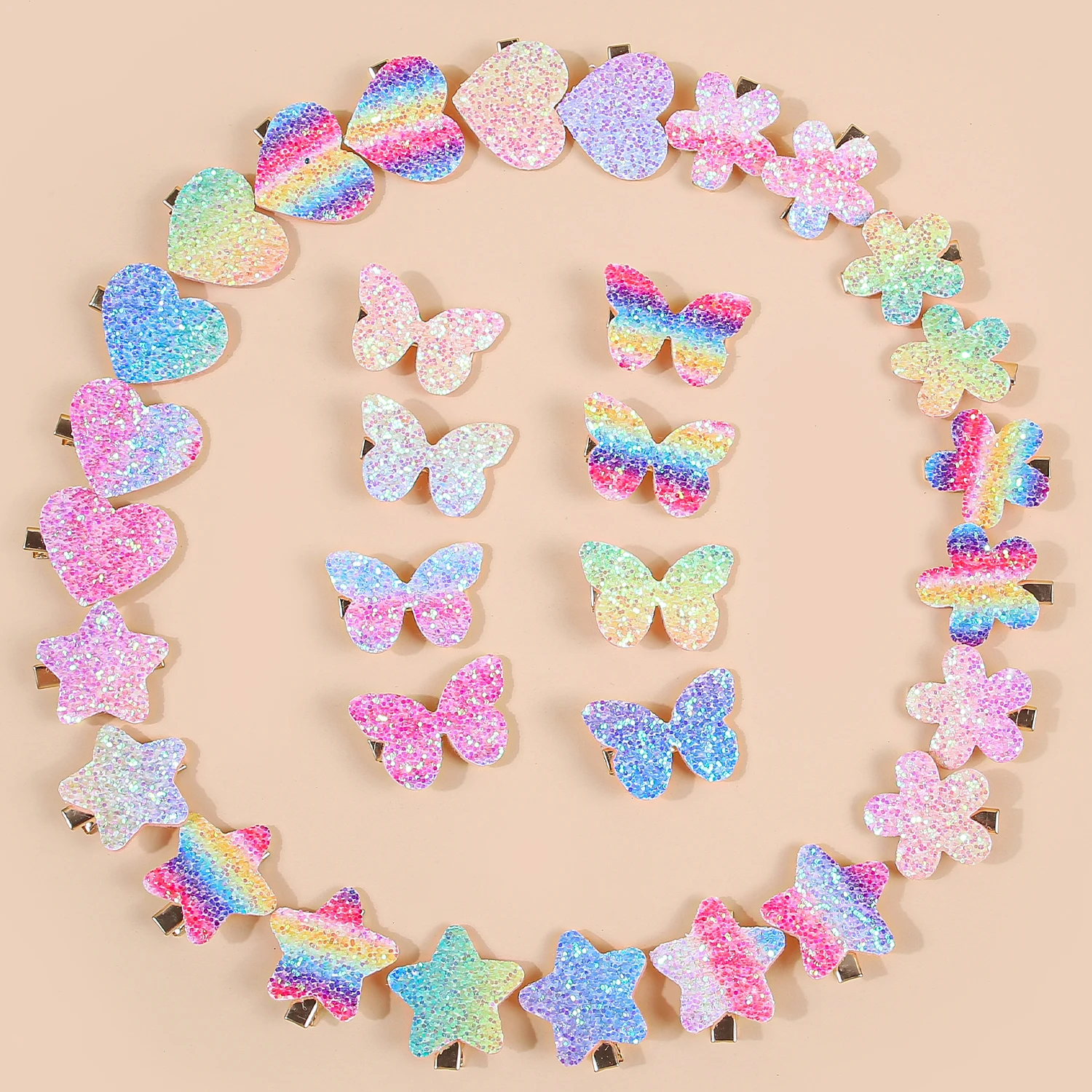 8/32pcs Sparkly Rainbow Star Hair Clips Girls Butterfly Hairpins Glitter Flower Heart Shaped Hair Clips Children Kids Headwear
