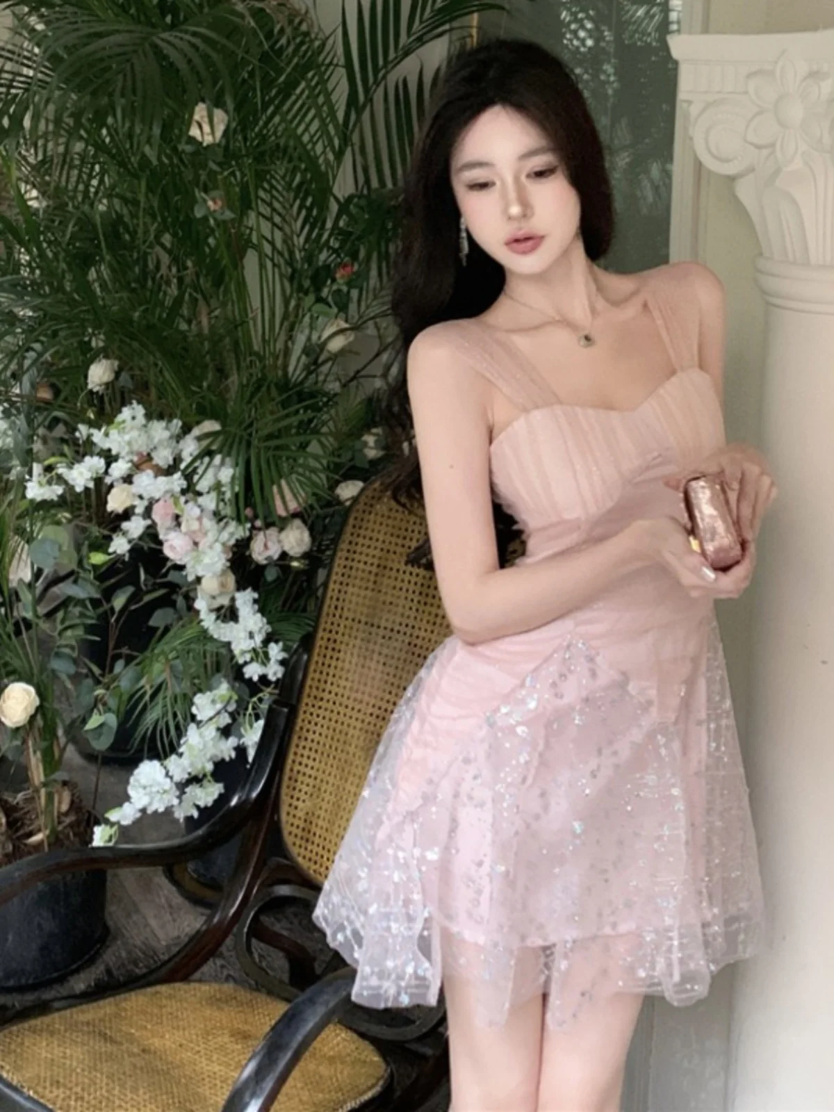 فستان أميرة الجنية الجذاب بكتف واحد وحزام شبكي وتطريز الترتر، تنورة عالية الخصر بتصميم A-line، قصير الطول، أنيق لفصل الصيف. #3