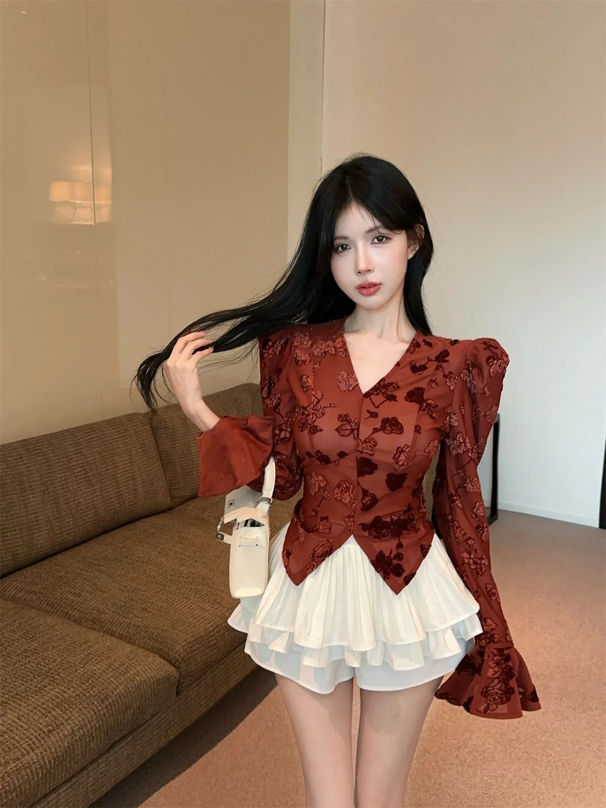 Vintage Dark Pattern Jacquard V-neck Fashion Blouse for Women Autumn Flared Sleeves Chic Top Feminine Korean Style Elegant Shirt