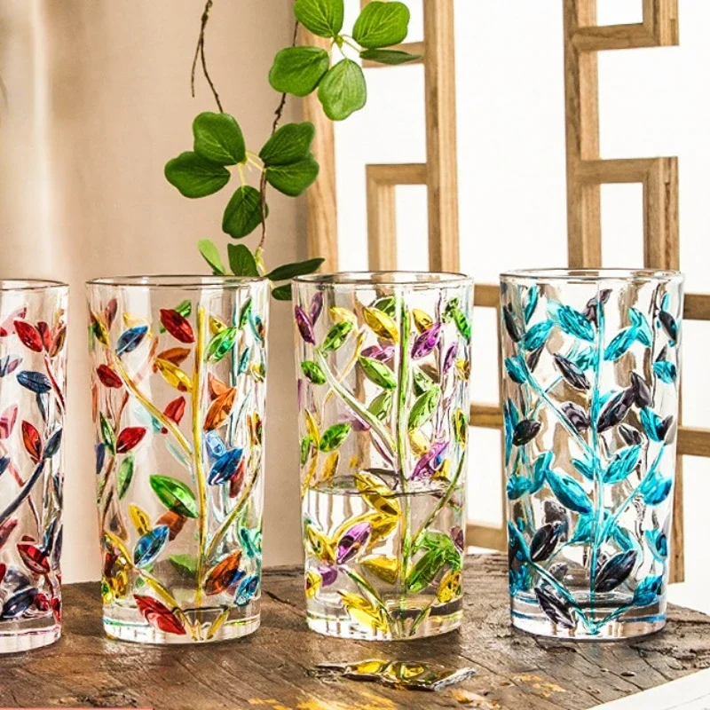 1pcs Creative Hand-painted Branches Crystal Glasses Carved Water Cups Ins Embossed Colored Leaf Cup Simple Juice Cups