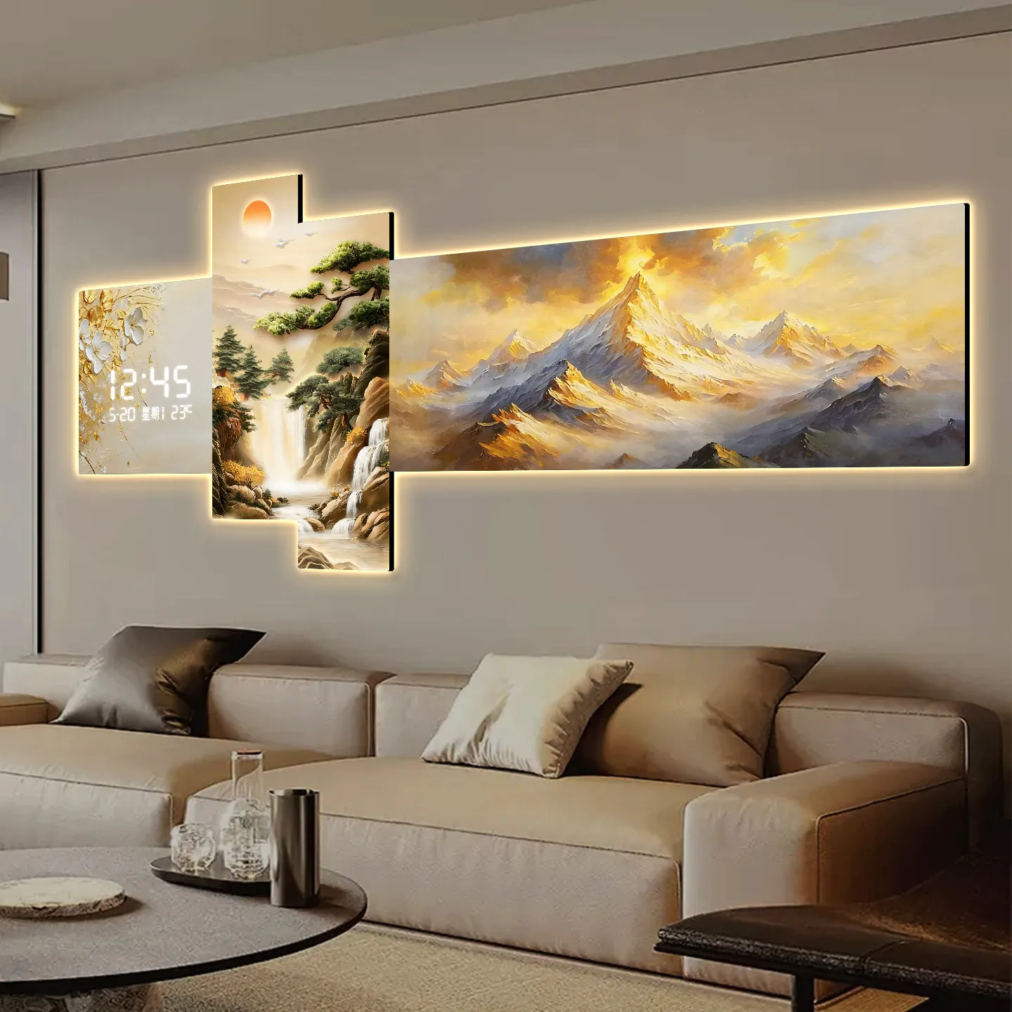 living room decorative painting sofa background wall hanging electronic clock digital led relógio digital de parede furniture