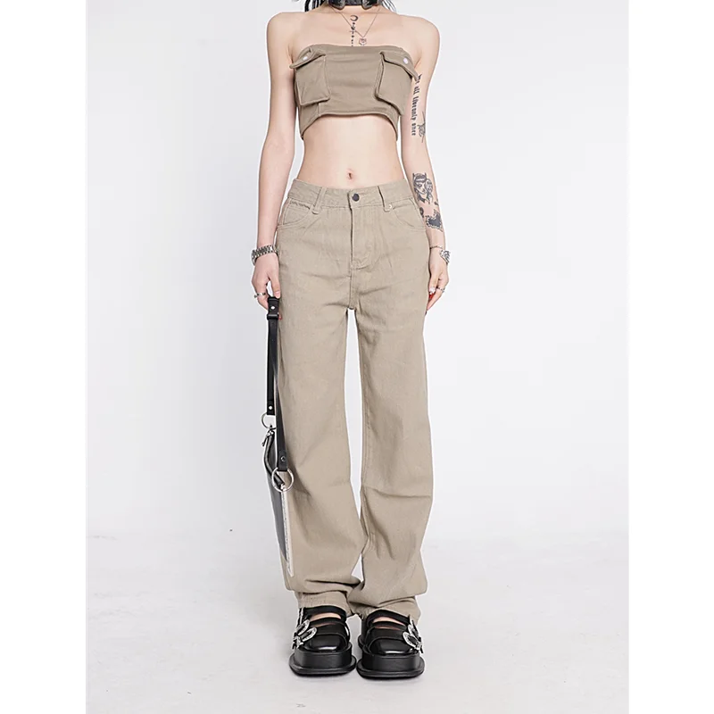 Women\'s Khaki Wide Leg Jeans Star Pocket Vintage Straight Pants High Waist Baggy Streetwear Casual Brown Denim Trouser Ladies