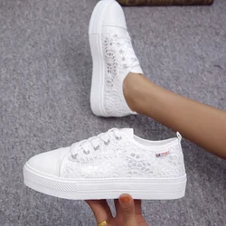 Women Shoes 2022 Fashion Summer Casual White Shoes Cutouts Lace Canvas Hollow Breathable Platform Flat Shoes Woman Sneakers