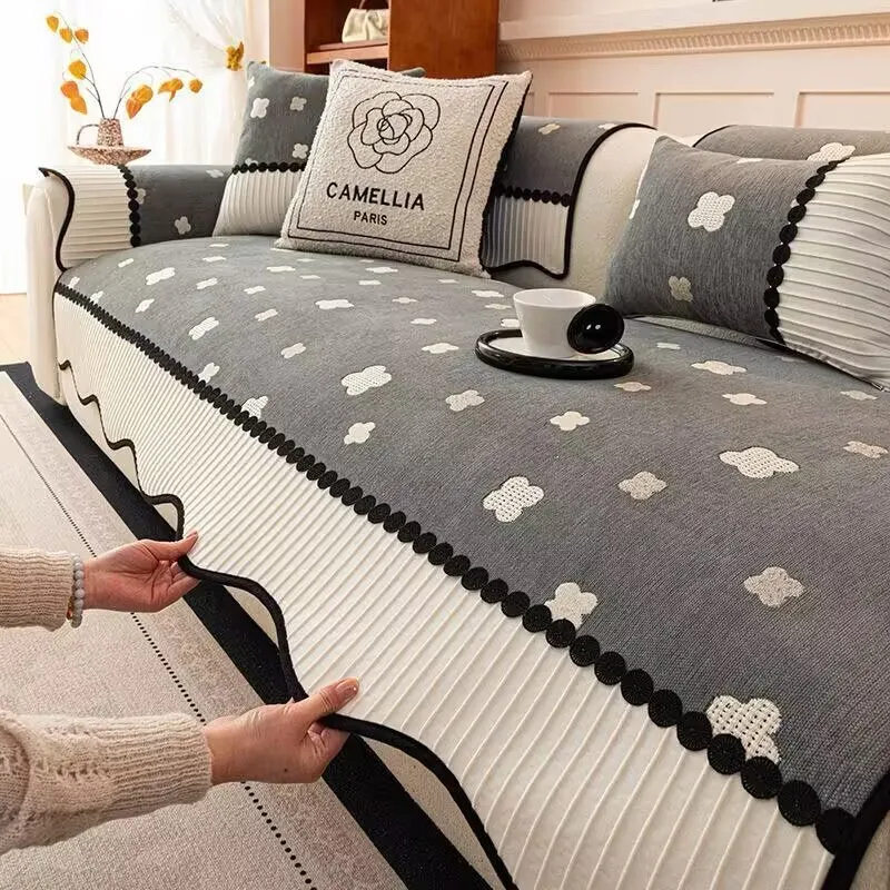 Anti-Cat Scratch Chenille Sofa Cushion Stitched Lace Quilted Non-Slip Seat Protector Backrest&Handrail Cover Washable Sofa Pads