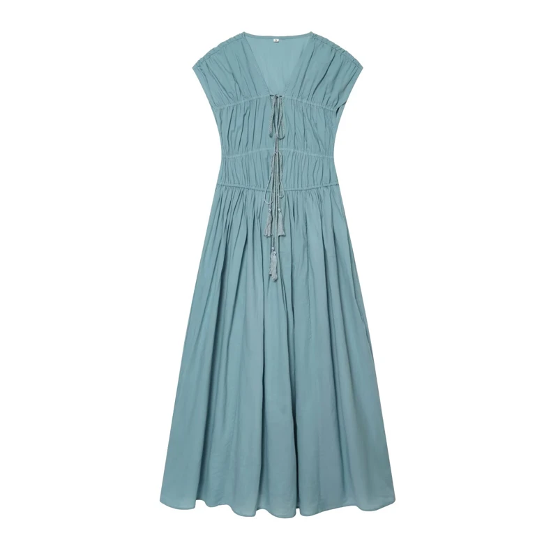 2026 Women's New Drawstring V-Neck Dress, Simple and Elegant Commuter Dress, Summer Casual Youthful Holiday Dress
