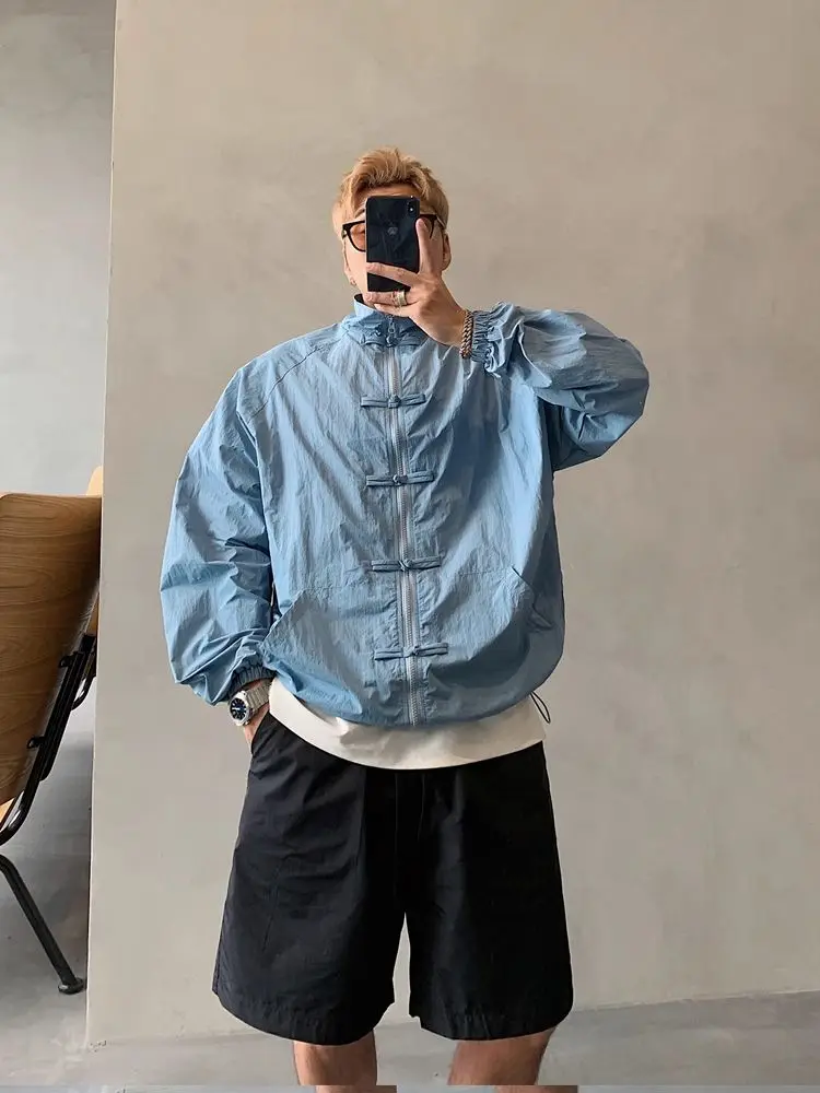 Ретро китайский сарафан на пуговицах с воротником-стойкой, мужская повседневная летняя солнцезащитная одежда, весенне-осенняя свободная посадка, чистый цвет