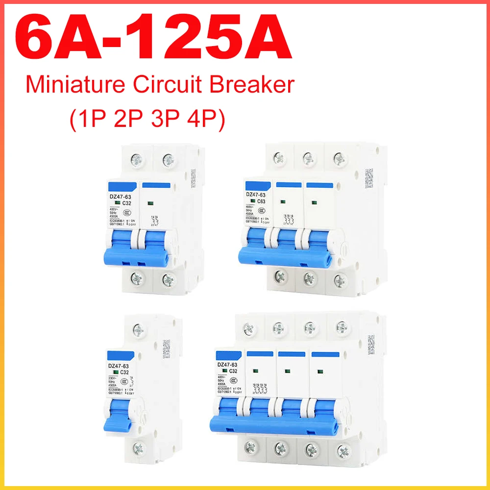 1pcs Mini Overload Air Switch 1P 2P 3P 4P 6A 10A 16A 20A 25A 32A 40A 50A 63A 80A 100A 125A 50HZ Miniature Circuit Breaker DZ47