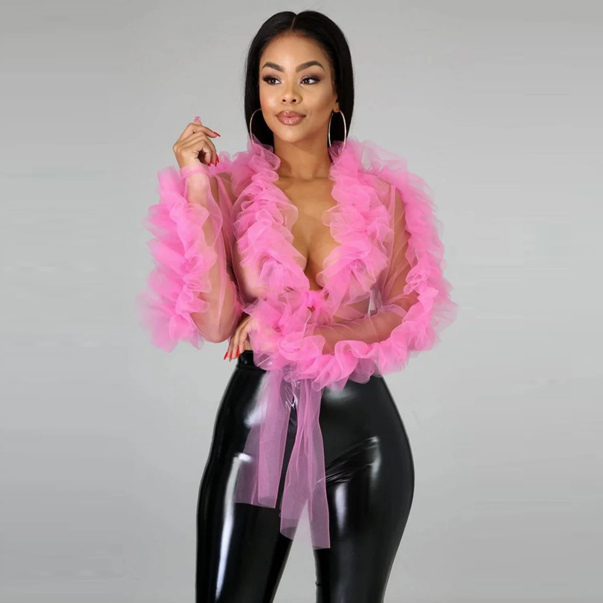 

Короткий топ из розового тюля с оборками, пышный сексуальный прозрачный женский топ с длинными рукавами, короткая тюлевая куртка с отделкой High Street, верхняя одежда