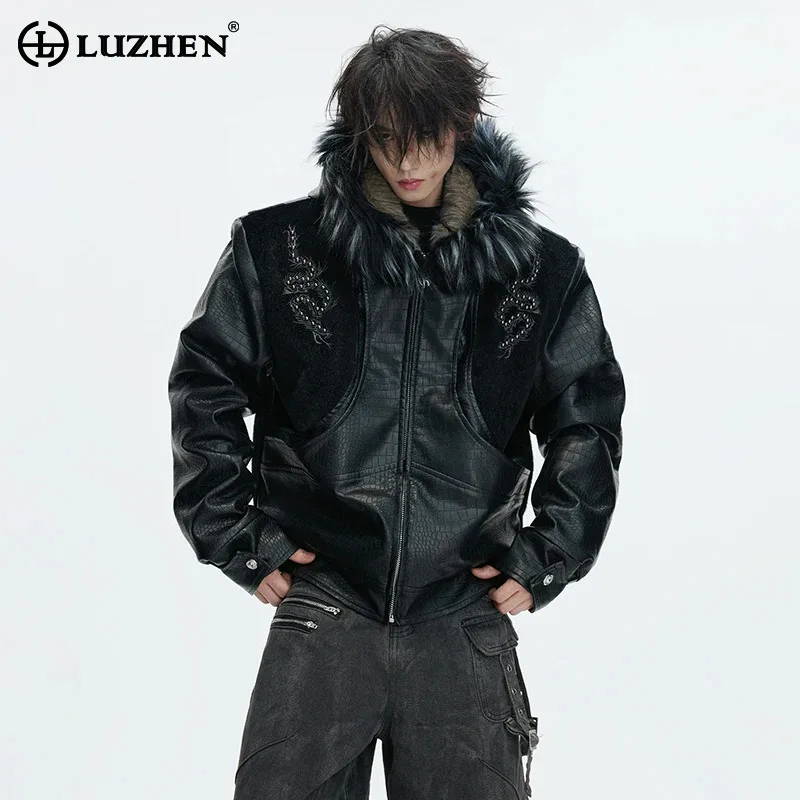 

LUZHEN 2025 Winter Embroidery Pattern Patchwork Design Thickened Warm Hooded Padded Coat Men's Fur Leather Parka Jacket JY5616
