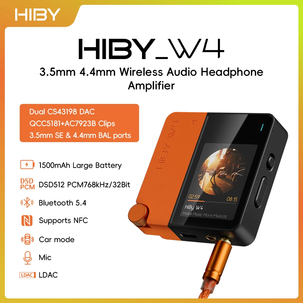 Amplificatore per Cuffie HiFi Wireless HiBy W4 3.5mm 4.4mm, DAC USB, Bluetooth 5.4 QCC5181 AC7923B DSD512 CS43198*2 CarPlay LDAC