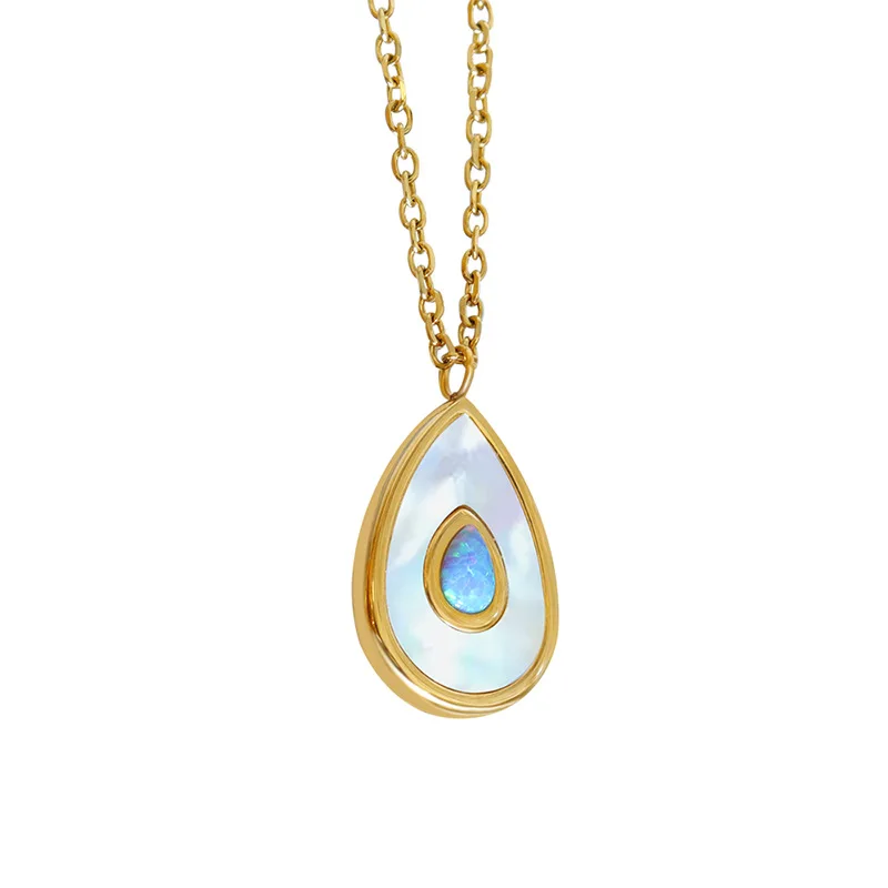

New Sparkle Blue Opal White Shell Avocado Pendant Necklace Stainless Steel Waterdrop Charm Collar Waterproof Jewelry for Women