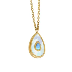 New Sparkle Blue Opal White Shell Avocado Pendant Necklace Stainless Steel Waterdrop Charm Collar Waterproof Jewelry for Women
