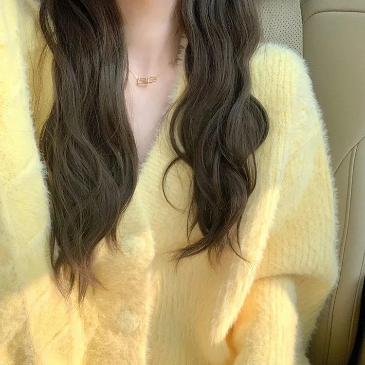 Goose Yellow Soft Waxy Design Sweater Jacket Women's Spring and Autumn Gentle Lazy Wind Imitation Mink Knitted Cardigan