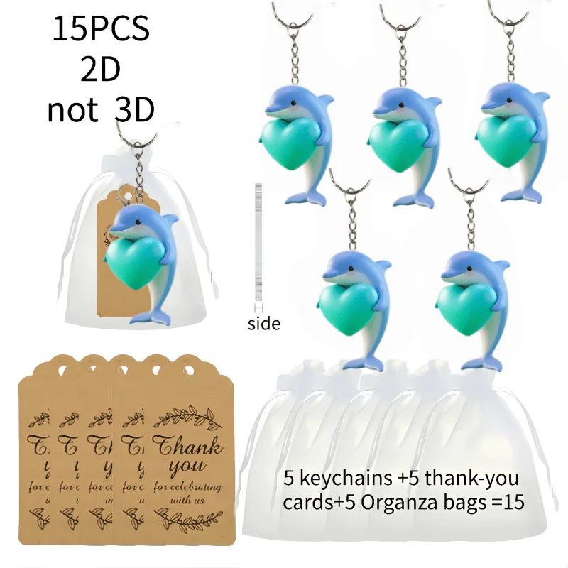 Dolphin Holding Heart Love Keychain 15pcs 2D Acrylic Pendant Perfect Party Gifts Holiday Giveaways Friends Backpacks Accessories