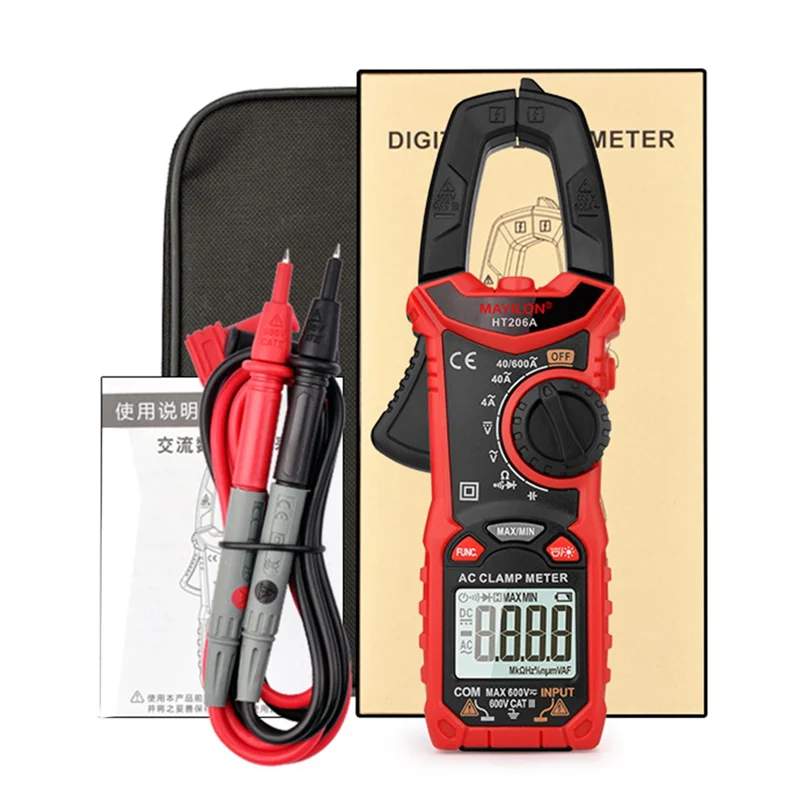 ABFW  HT206A Digital Clamp Meter 600A AC Current Two Color Backlight NCV Voltmeter Ammeter with Carrying Case
