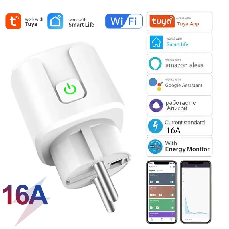 RSH Tuya WiFi Smart EU Plug 16A Smart Home Power Monitor Wireless Socket Remote Voice Control Alexa Google Home Yandex Alice