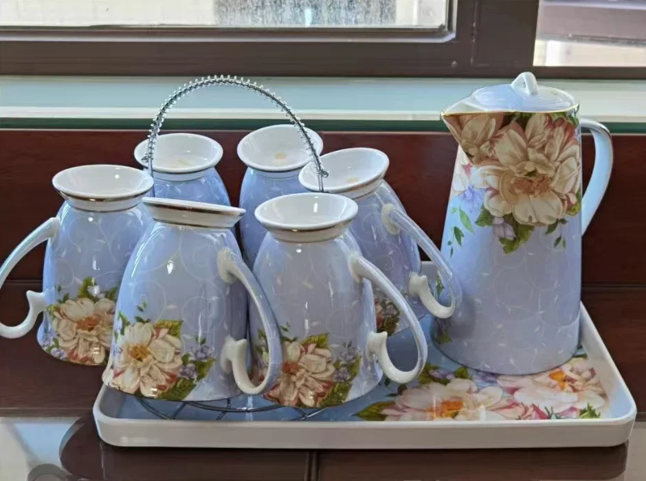 

8pcs Set, Real Bone China Teapot and Chip Cup Set with Steel Stander, Floral Taza Cafe Tea Cup Set, Termos Coffee Cup Set