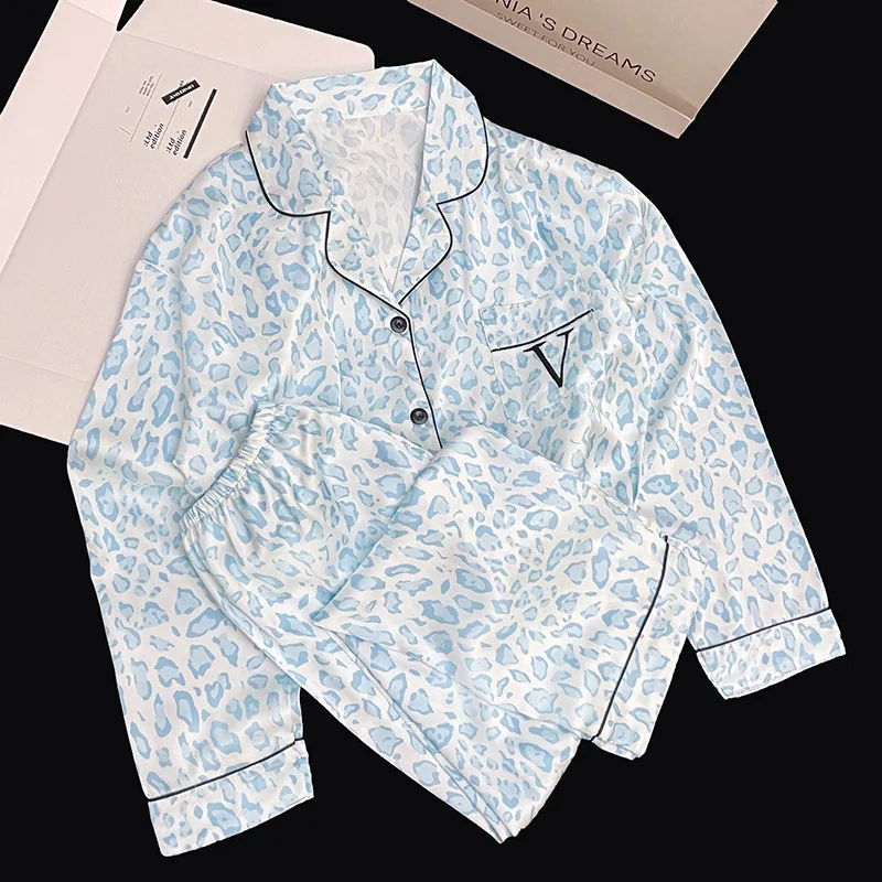 Spring/Fall New Arrival Leopard Print Pajamas for Women Stylish Outerwear-Ready Loungewear Casual Collared Long-Sleeve Set