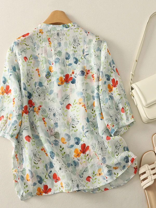 

Свободный крой, льняной женский топ с v-образным вырезом и принтом, летний модный повседневный универсальный тонкий материал, одежда с пятью пуговицами...