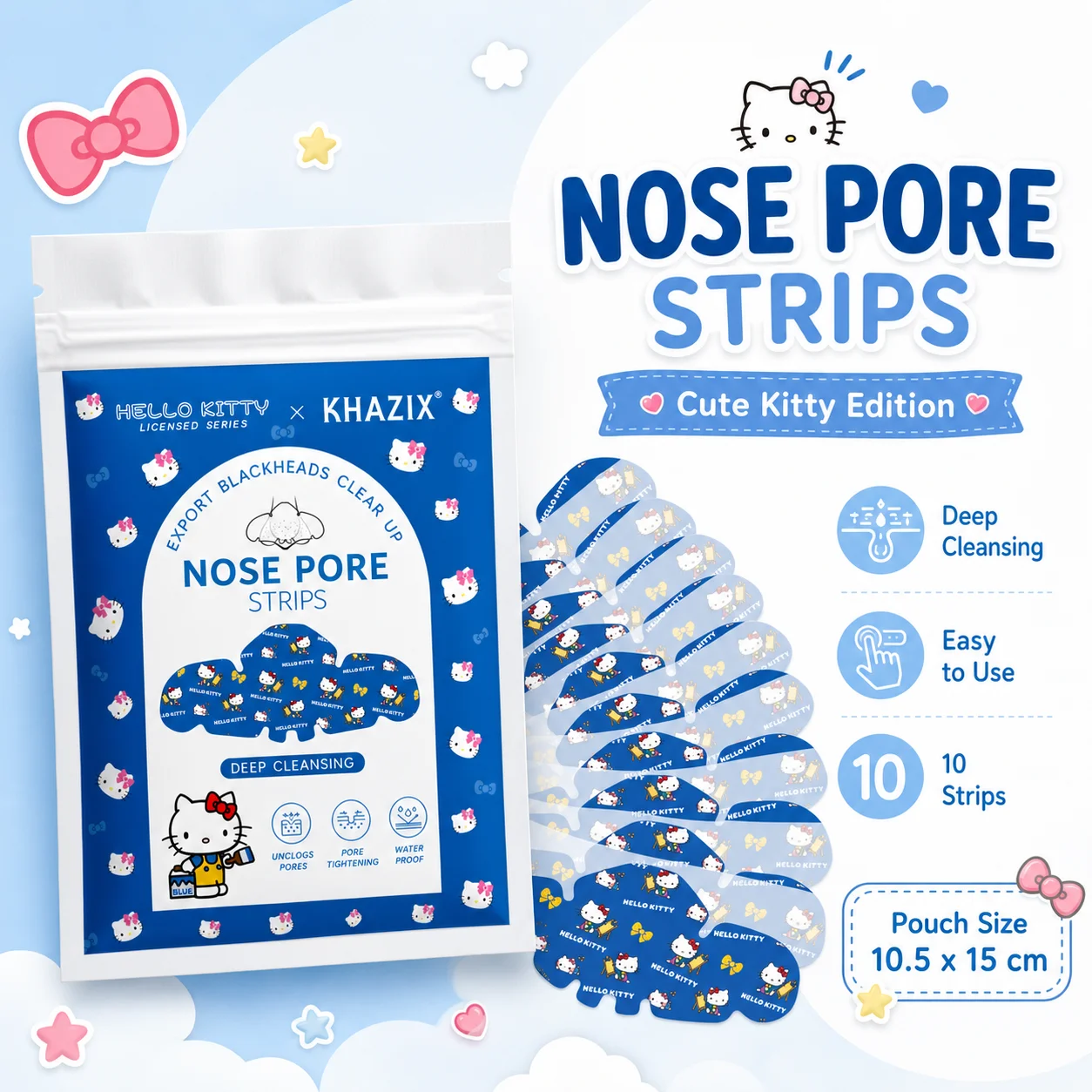 10pcs Hello Kitty Nose Pore Cleaning Strips, Cute Design Facial Care Patch, Cartoon Beauty Gift Set for Women and Tee