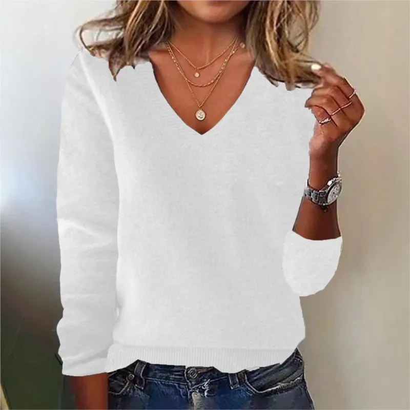 Women's V-neck Sweater Elegant Long Sleeve Ribbed Trim Pullover Solid Knit Wool Base Top for Wear