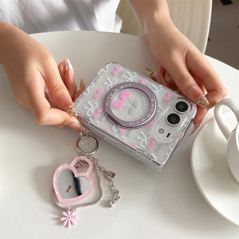 Korea Cherry bowknot Foldable Rotatable Magnetic Phone Case For iPhone Duo Anti Drop Protection Cute Cases Cover with Chain