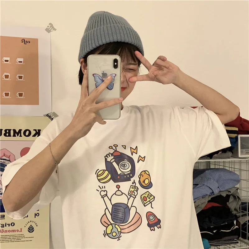 

Women's Funny Cartoon Snail Space Adventure Print Loose Fit Short Sleeve T-Shirt Casual Summer Cotton Graphic Tees Whimsical