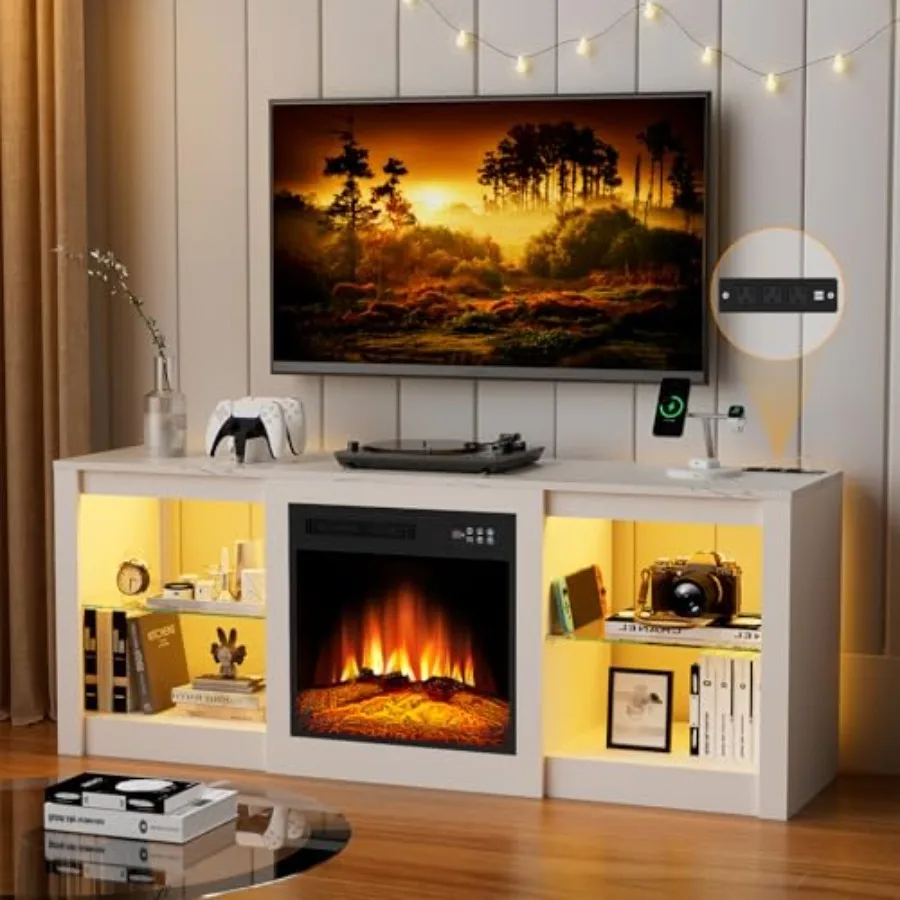 58'' TV Stand with 18'' FireplaceEntertainment Center with LED Outlet for 65 ih TVWhite TV Cabinet with Adjustable Glass Shelve