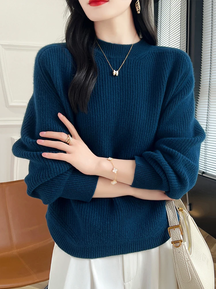 

Women's Mock Neck Cashmere Sweater Raglan Sleeve Pullovers 100% Merino Wool Knitwear Striped Irregular Casual Solid Clothing Top