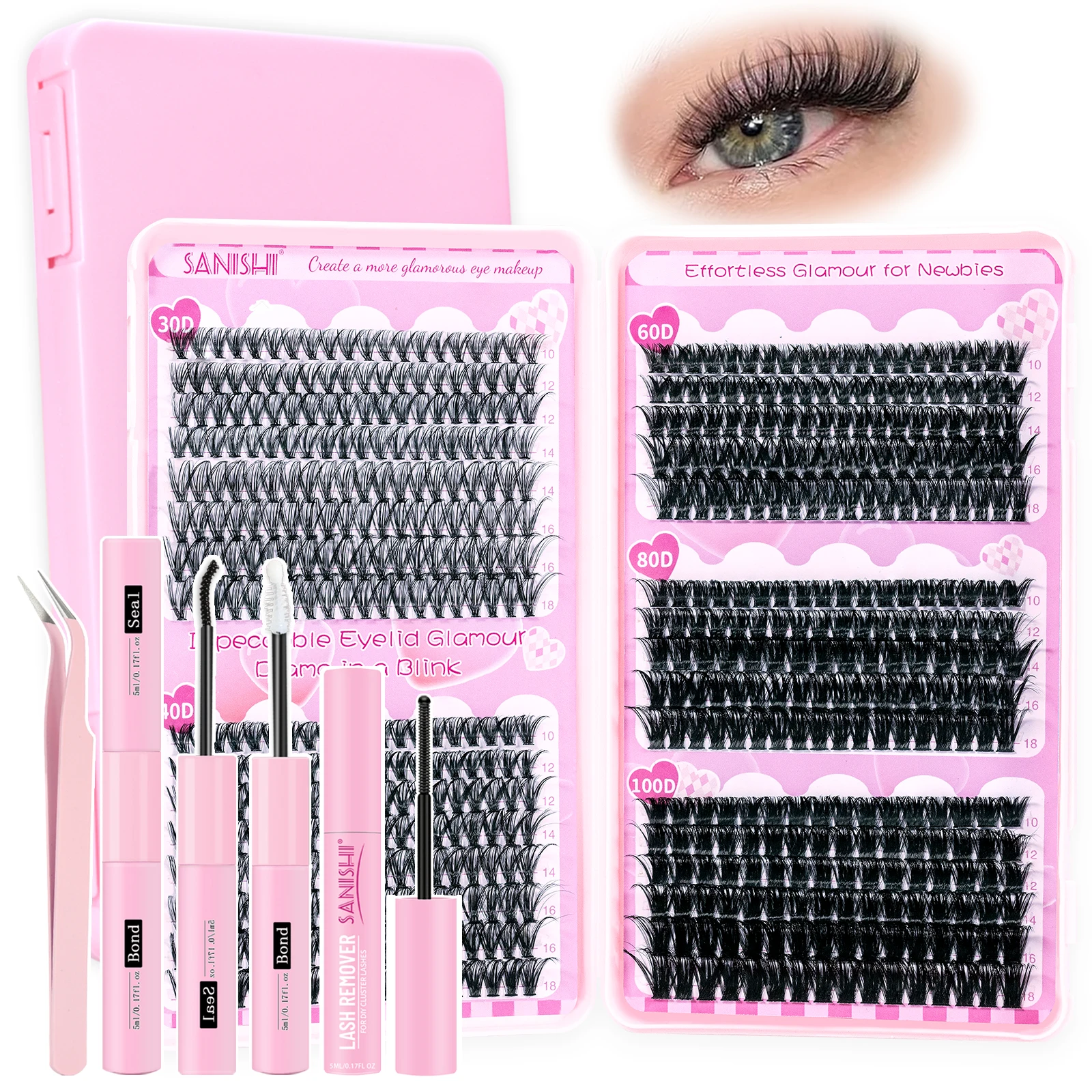 Sanishi Lashes Curler Set, 606Pcs D Curl 10-18 Mix Eyelash Extension Kit,  with lash Bond and Seal, lash remover, lash tweezers