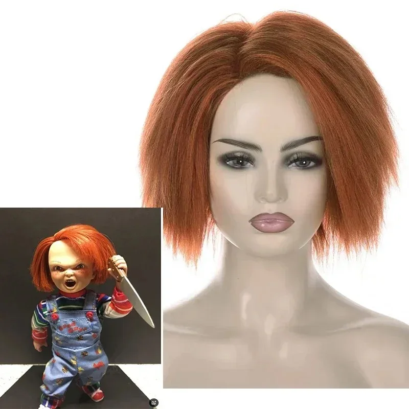 Chucky Cosplay Wig Woman Party Clothing Match Headwear Fluffy Orange Short Hair Film Child's Play Role Modeling Full Head Cover