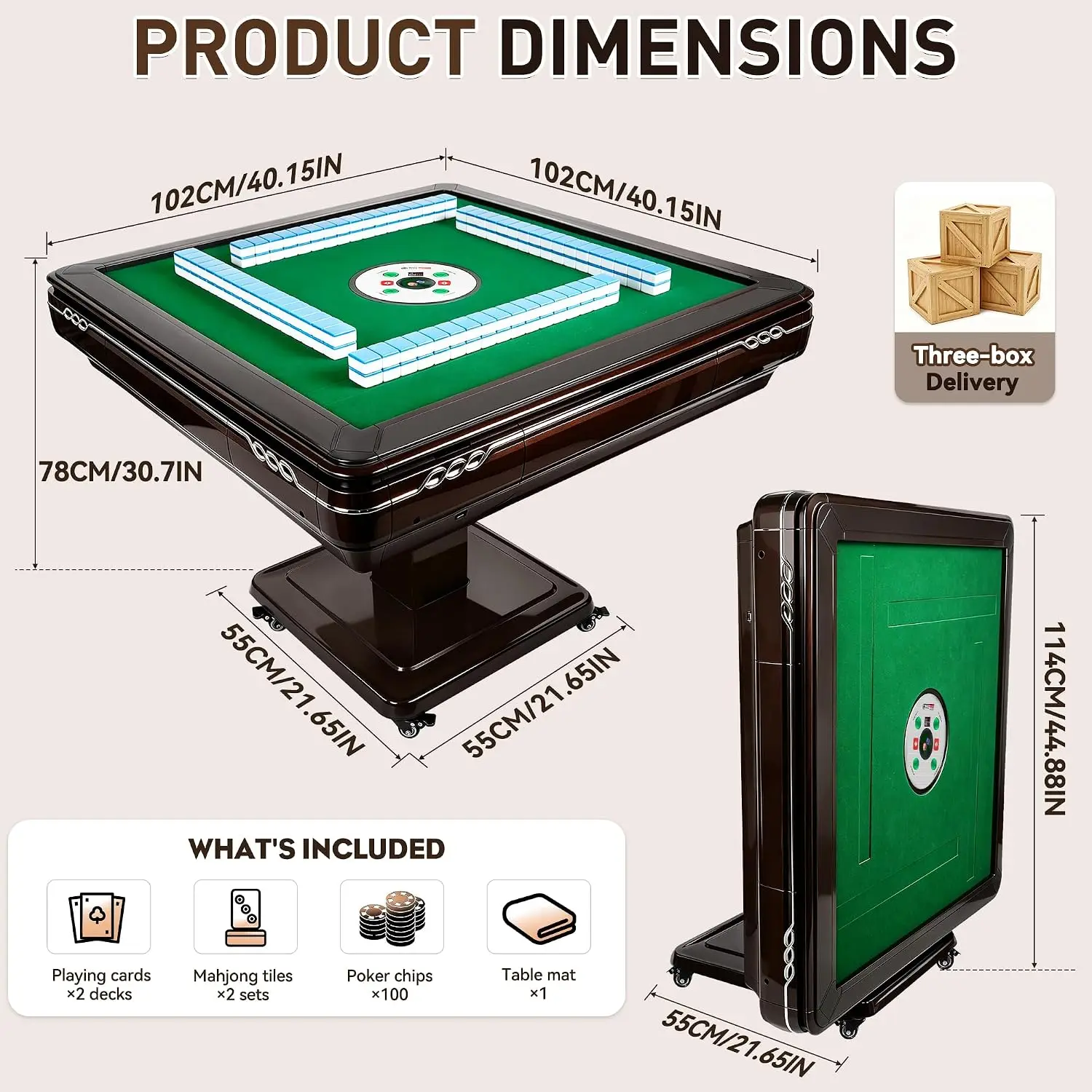 Foldable Automatic Mahjong Table with Wheels, 2 Sets 42mm 144pcs Chinese Tiles, Mahjong Table Quiet Shuffling &, Customized
