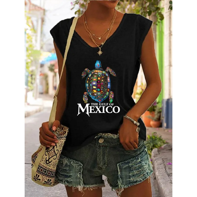 Women's V-neck Sleeveless Casual Vest Gulf of Mexico Print Summer Beach Vacation Top