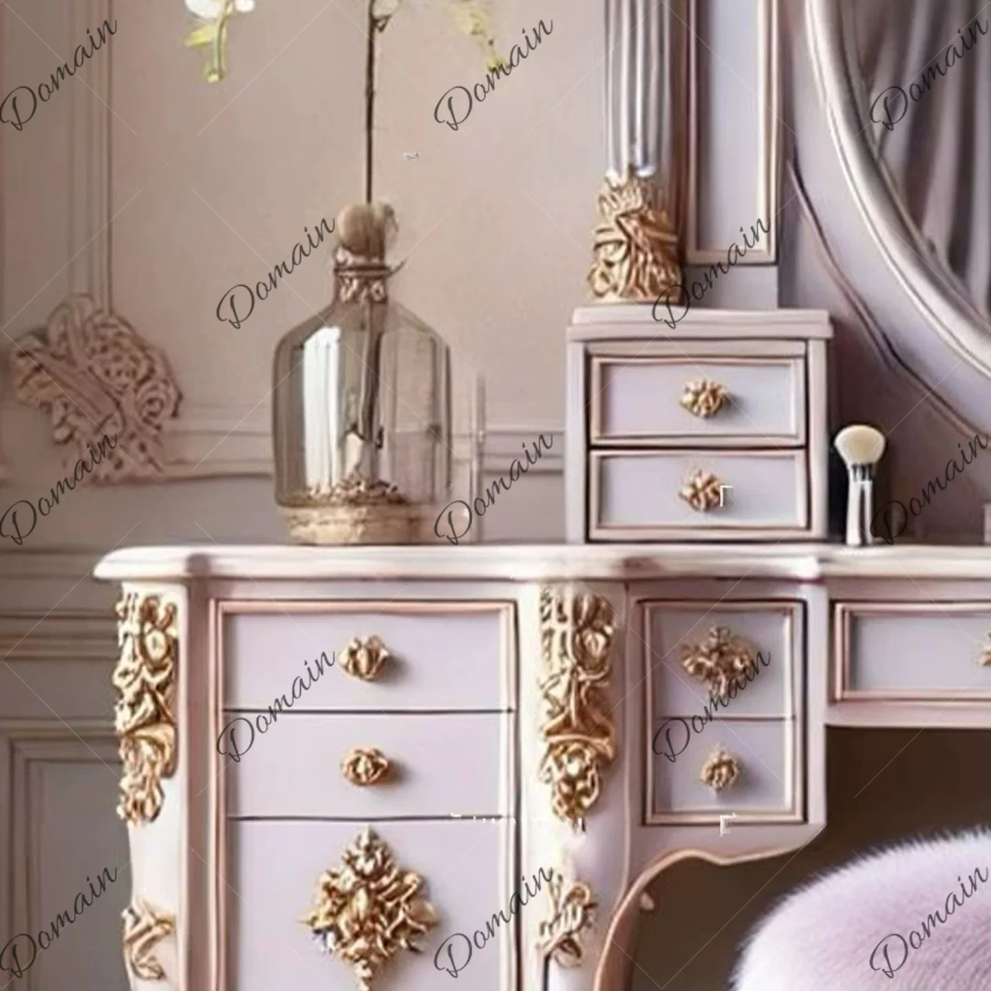 French retro carved dresser with makeup mirror, multi-drawer carved makeup table, pink-purple dressing cabinet