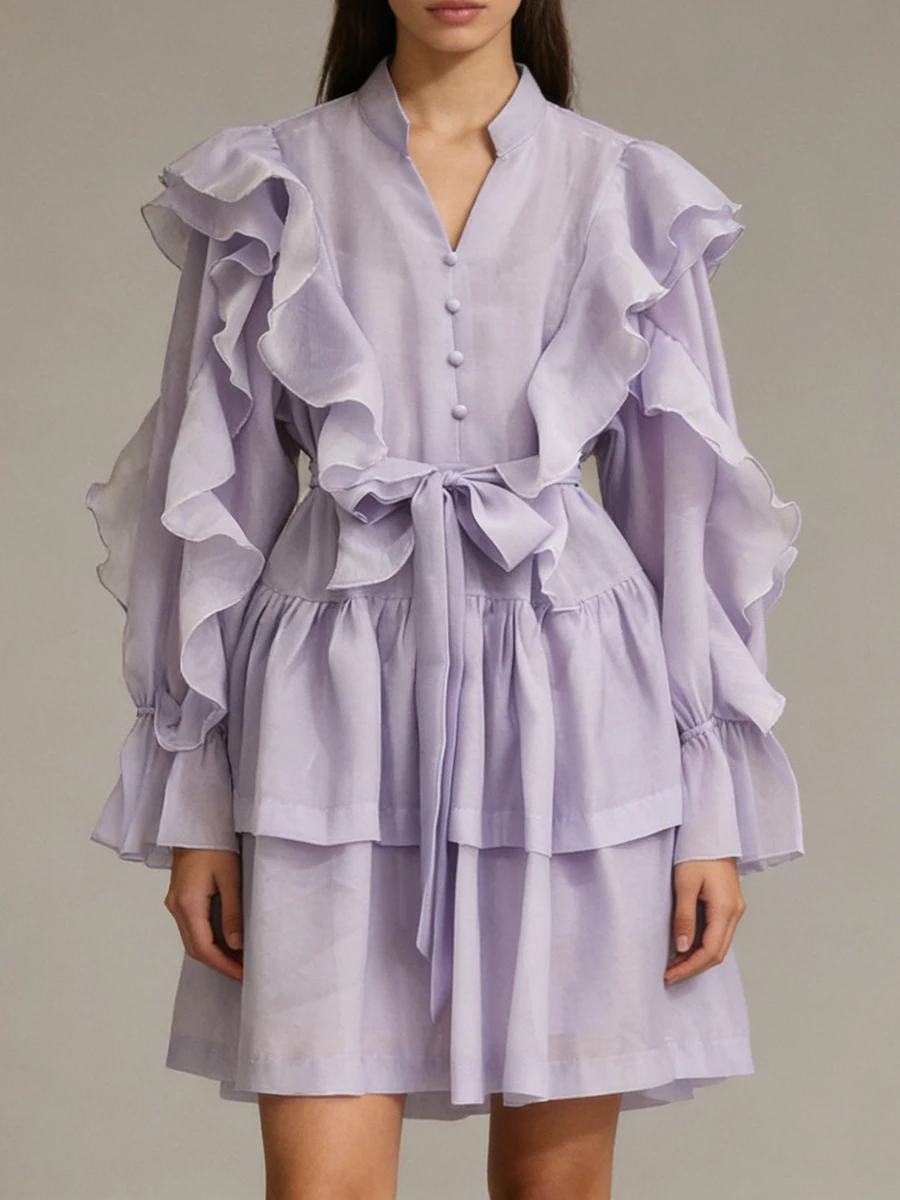 VGH الفرنسية الحلو المرقعة Bowknot فستان قصير للنساء الخامس الرقبة طويلة الأكمام عالية الخصر الكشكشة فساتين الشيفون الإناث ربيع جديد