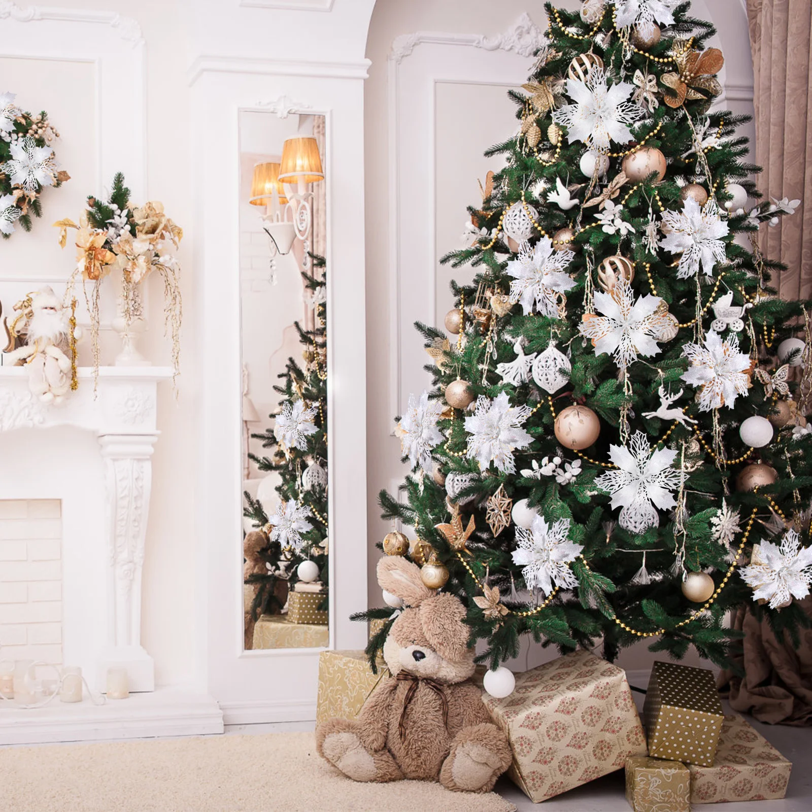 

12Pcs Glitter Artificial Poinsettia Flowers Christmas Decorations Ornaments Holiday Party Wedding Room DIY Craft