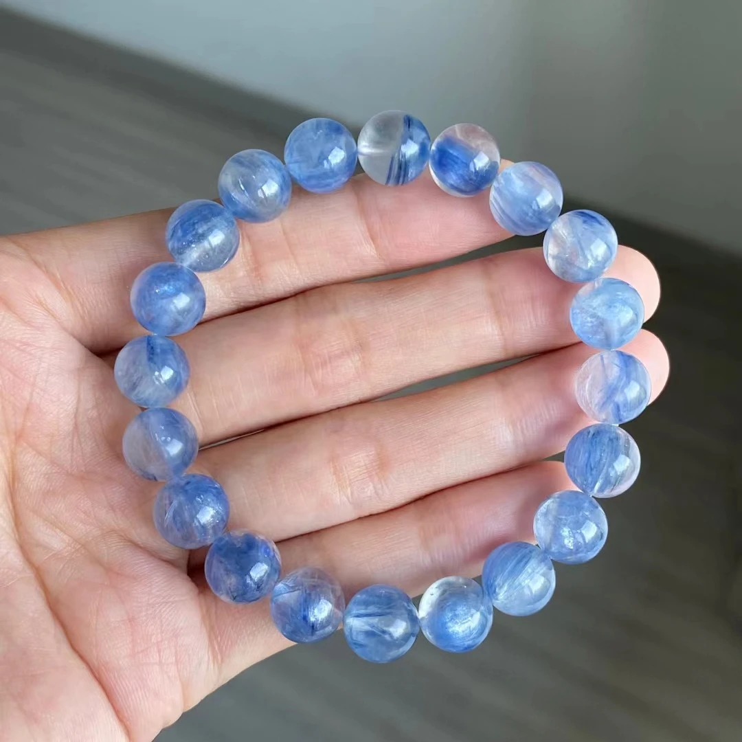 

Natural Blue Kyanite Clear Round Beads Bracelet Jewelry Stretch 9.5mm Cat Eye Effect Women Men Clear Kyanite AAAAAA