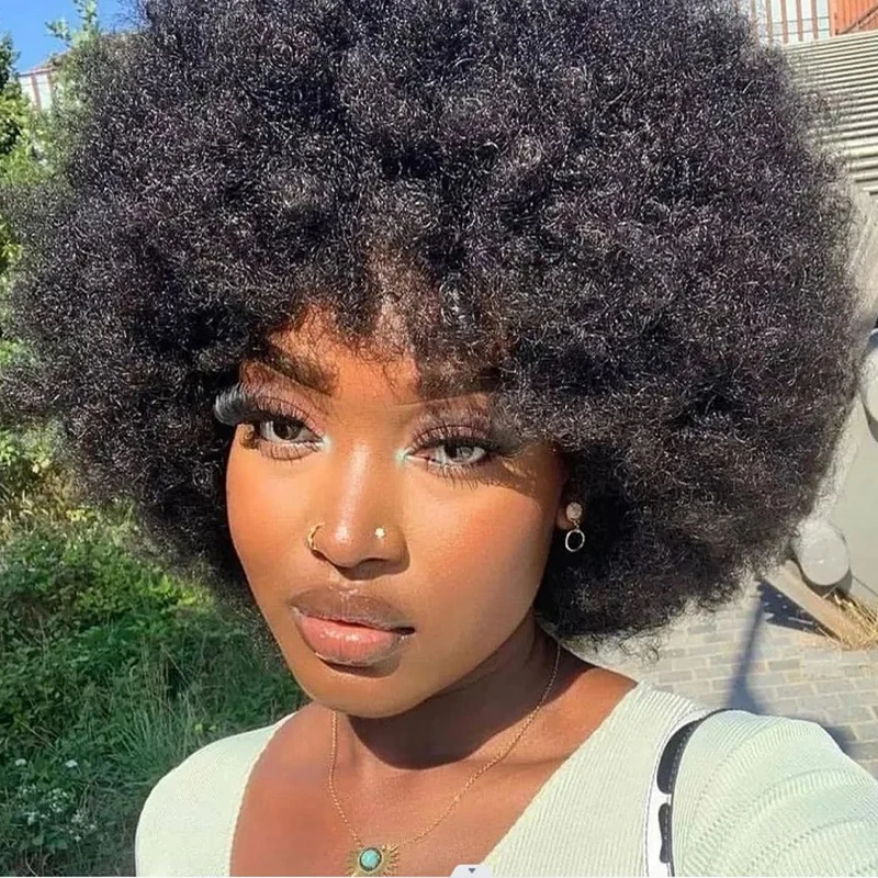 

Short Pluff Afro Kinky Curly Fluffy Hair Wig With Bangs For Black Women Synthetic Hair Glueless Heat Resistant Fiber Female Wigs