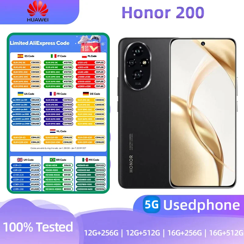 Honor 200 5g SmartPhone 50.0MP Camera Snapdragon 7 Gen3 100W Charge 6.7inch OLED Display Android NFC Original used phone