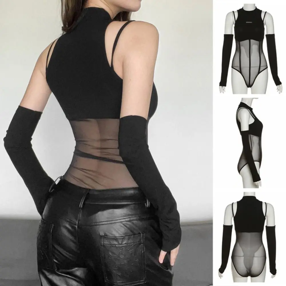 with Arm Sleeves Lace Slim Bodysuit Spicy Girl Style Skinny Translucent Bodysuit Wrap Round Solid Neck Crop Top
