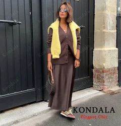 KONDALA Elegant Satin Slim Midi Solid Skirt Women Elastic High Waisted A-Line Casual Female Satin Skirt Spring Autumn Lady Skirt