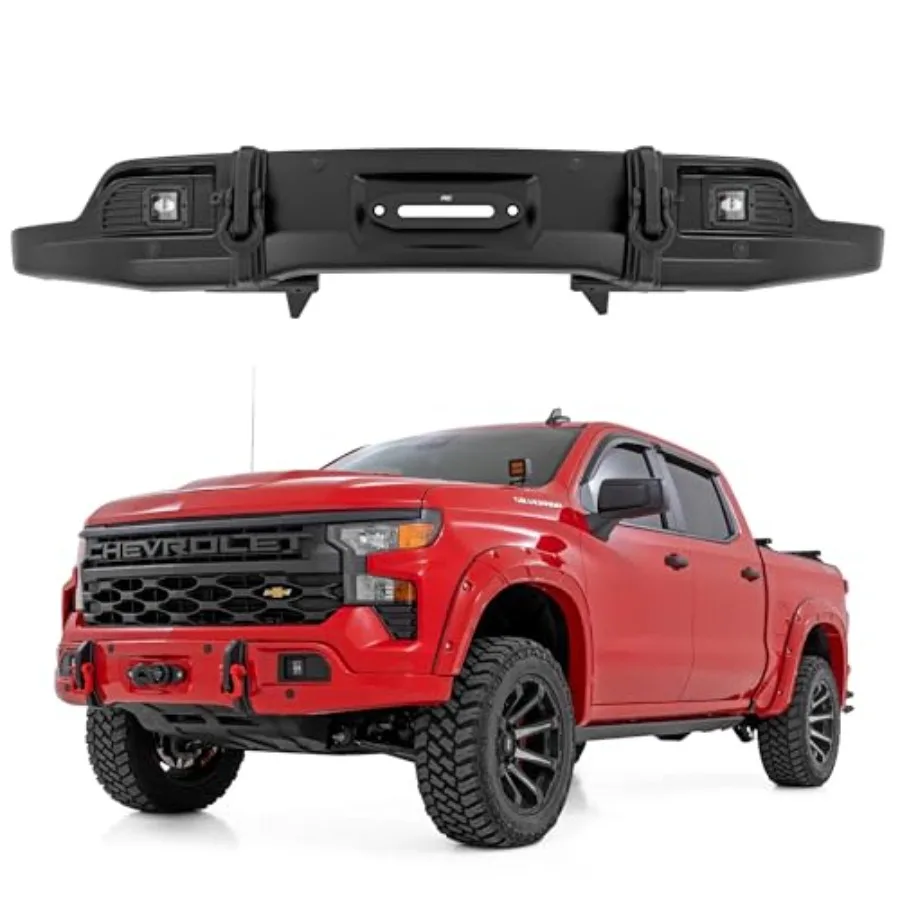 

Front Bumper for Chevy Silverado 1500 20232026 2WD/4WD: Steel, Black, Built-in SAE Fog Lights, Parking Sensor Compatible, Winch