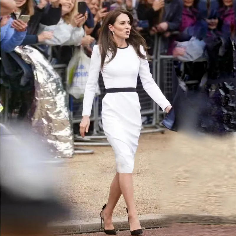 

Kate Middleton Princess white dress fashion O-neck colorblock Long sleeve OL work dresses