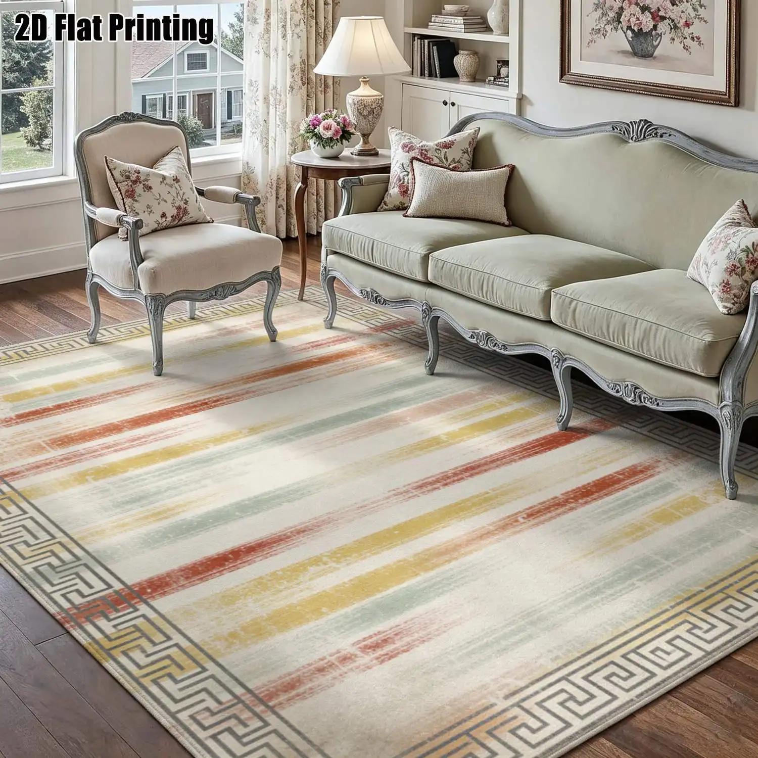 1Pc 2D Printed Retro Red Yellow Green Striped Geometric Carpet, European Style, Machine Washable, Multi-Size, for Living Room Bedroom Dining Room Entrance Foyer Home Decor