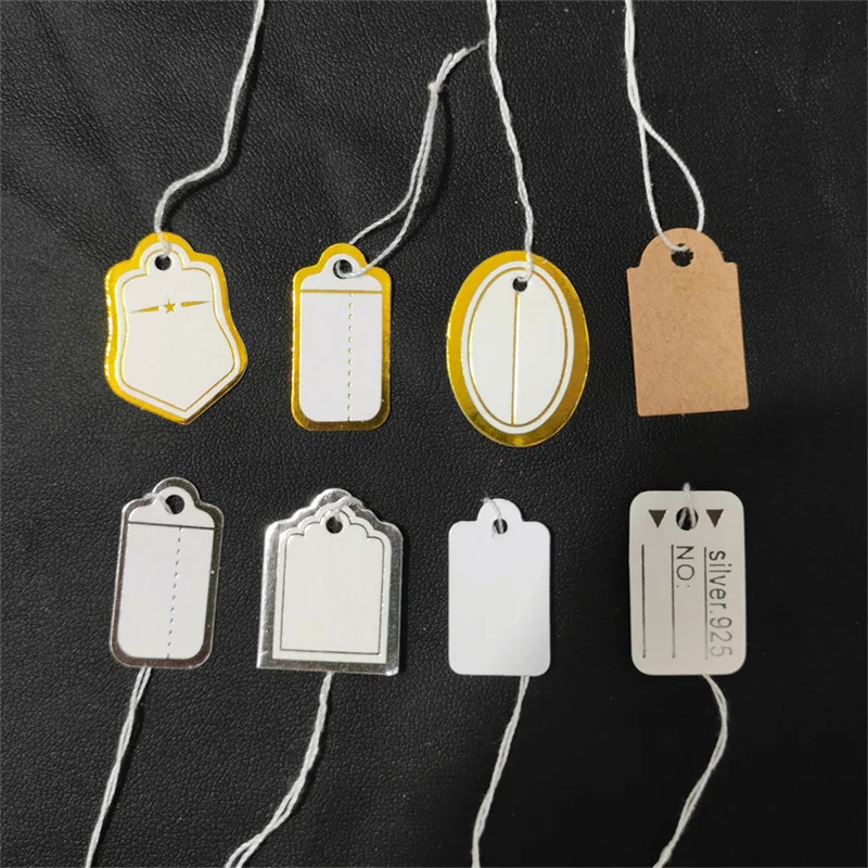 100 قطعة/الوحدة علامات أسعار المجوهرات تسميات مكتوبة بخط اليد مع سلسلة ورق ملون ذهبي/فضي للملحقات والأدوات