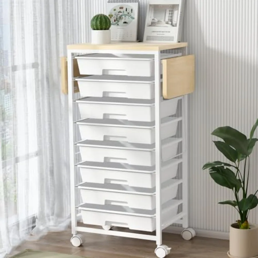 

Rolling Storage Cart with Drawers Utility Cart with 8 Drawers and Wheels Plastic Organizer Cart with Wooden Tabletop and 2 Side