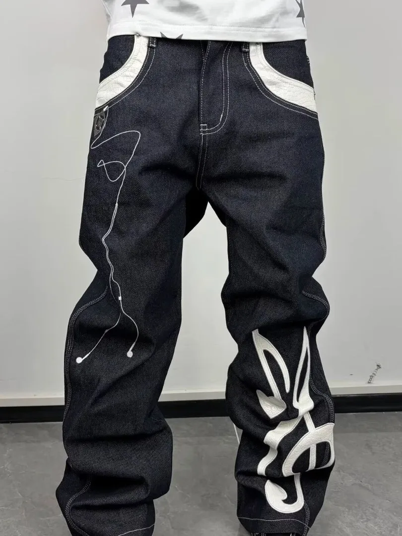 Men's Original Denim Micro-flared Straight Leg Jeans Embroidered Patchwork High-waisted Loose Fit Durable Zipper Closure
