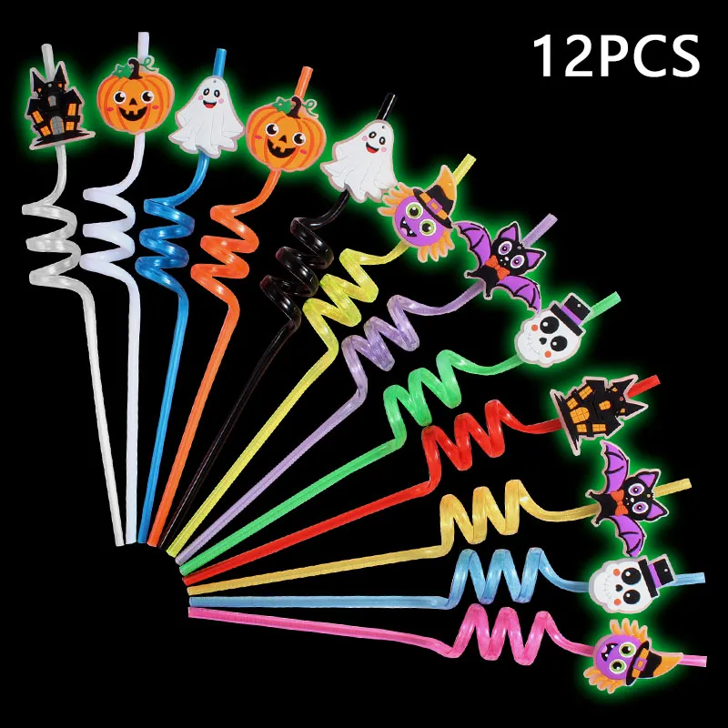 12 pajitas reutilizables con temática de Halloween que brillan en la oscuridad con murciélagos, esqueletos, calabazas y arañas para fiestas espeluznantes de Halloween