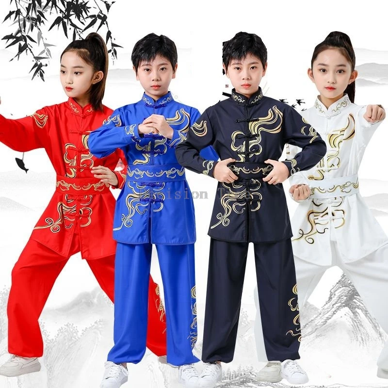 子供用プリント長袖トップパンツ武術ユニフォームセット子供用新しい中国式バックルカンフーセット男の子用ステージパフォーマンス衣装