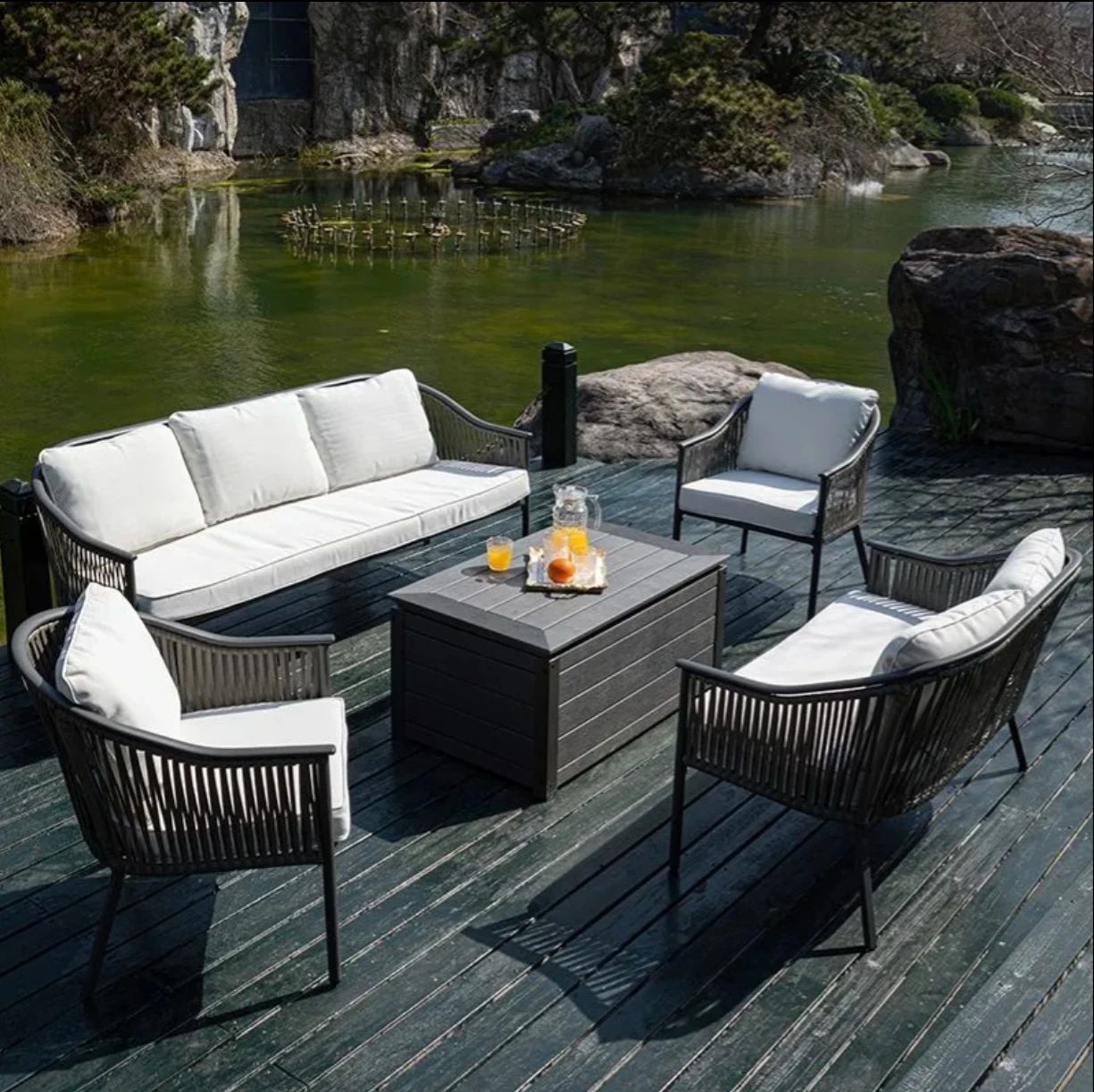 

Modern Outdoor Dining Table Set Garden Patio Sectional Sofa with Cushions Portable Aluminum Frame Hotel Wood Furniture